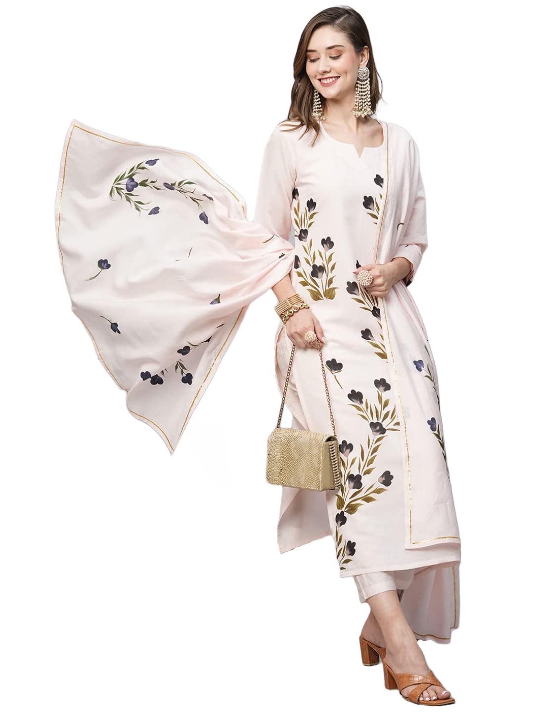 Anni Designer Women'S Cotton Blend Straight Printed Kurta With Pant & Dupatta (Brush-Peach-Tnw_S_Peach_Small),Peach,S