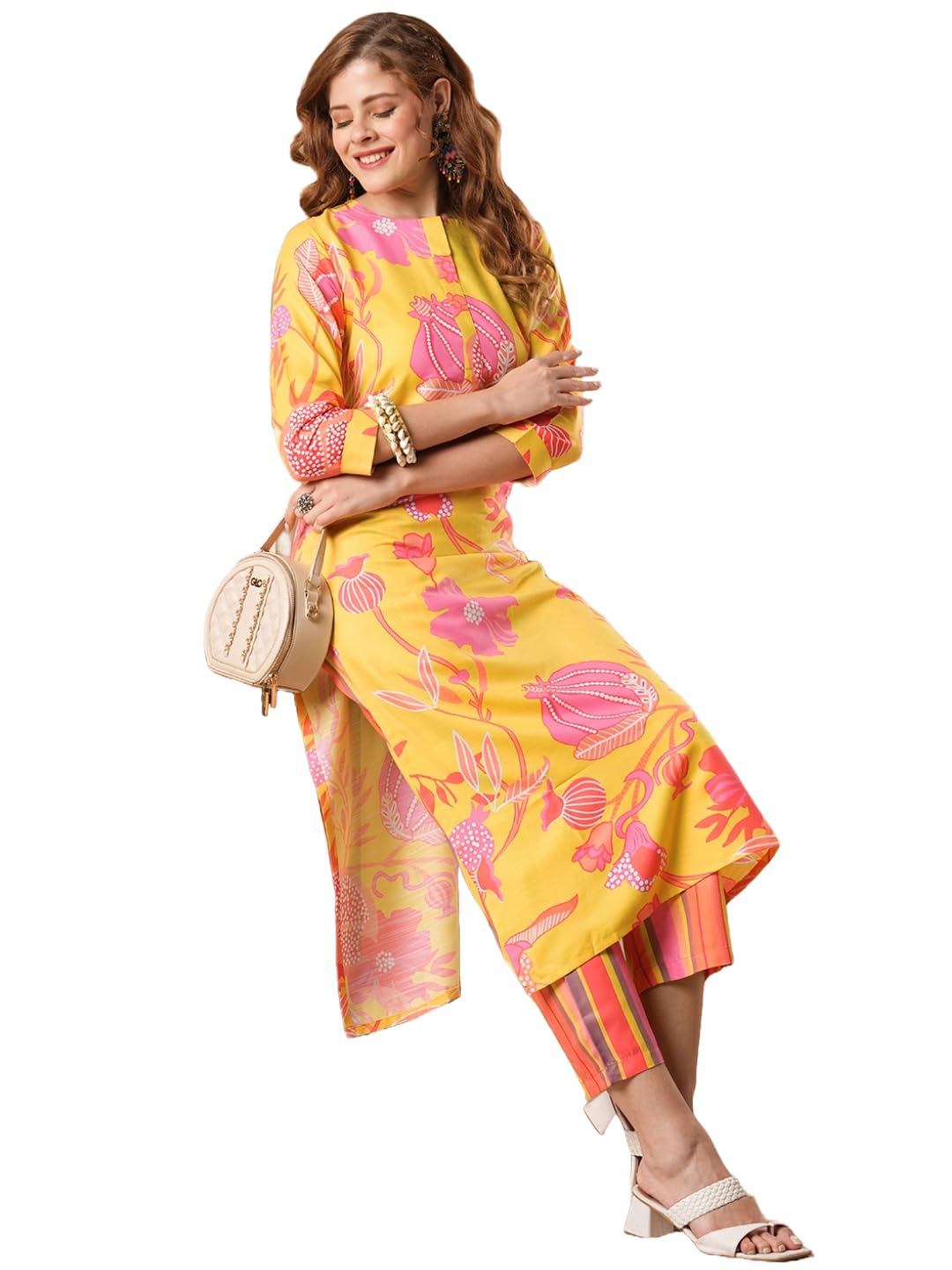 Anni Designer Women'S Rayon Blend Straight Printed Kurta With Pant (Kalol Yellow-Vks01_S_Yellow_Small),Yellow,S,,,
