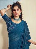 Satrani Womens Pure Georgette Saree (3473S694N_Teal Blue)