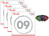 Fender Original 150 Pure Nickel Electric Guitar Strings Wound, Ball End - Light .009-.042 4-Pack Bundle with 3-Pack Picks