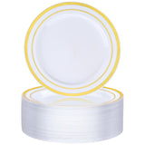 BESTVIP 50PCS Gold Plastic Plate, 7 Inch Disposable Dessert Plate Party with Gold Rim, Heavy Duty Disposable Plastic Plates for 