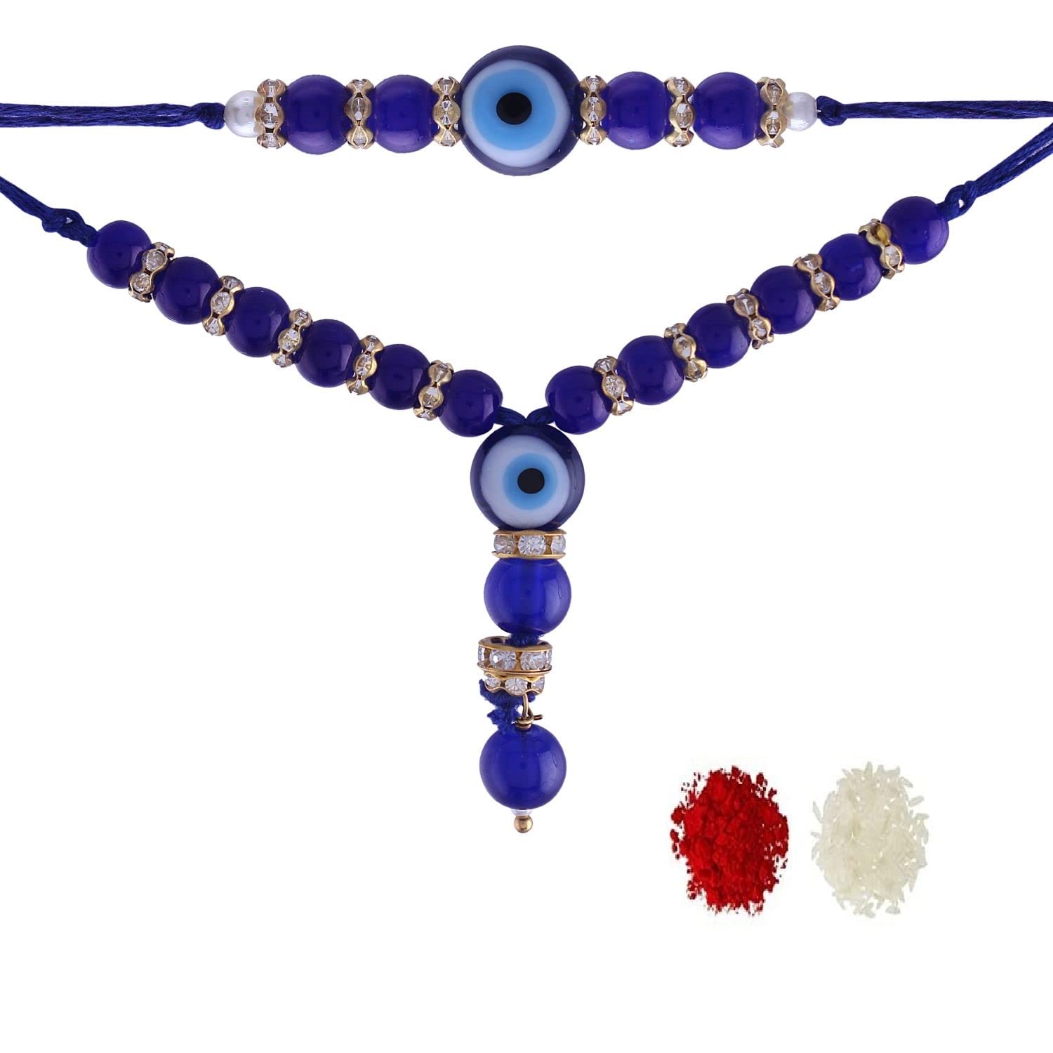 I Jewels Evil Eye Bhaiya Bhabhi Lumba Rakhi Bracelet Combo Set With Roli Chawal & Rakshabandhan Card (R073Bi-Co)