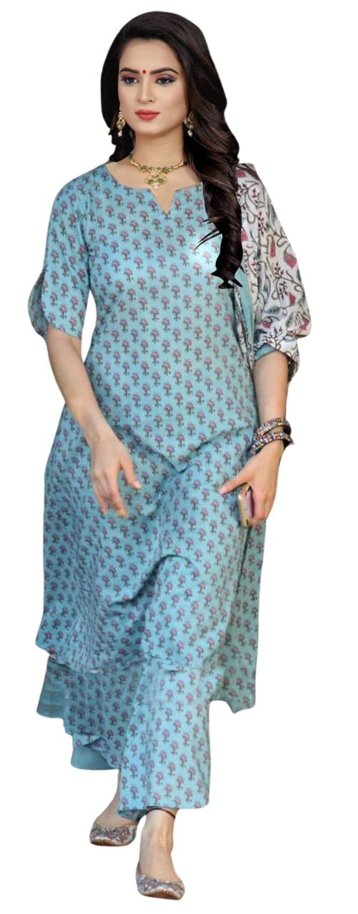 Anni Designer Women'S Cotton Straight Printed Kurta Palazzos And Dupatta (Blue S),Blue,S