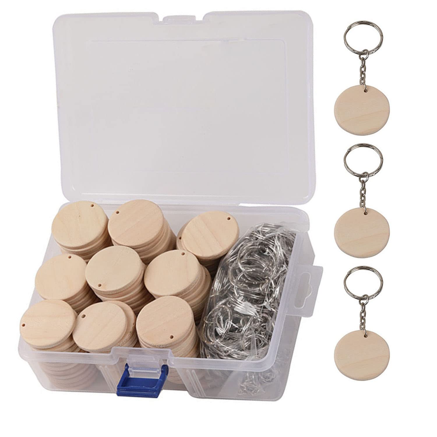 100Pcs Round Wood Circles with Keychain,Blank Round-Shaped Wooden Keychain Set with 100Pcs Wood Blanks,100Pcs Keychain Rings wit