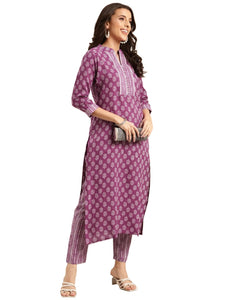 Gosriki Women'S Cotton Blend Straight Printed Kurta With Pant (Raina Purple-Nwg-Gs_L_Purple_Large),Purple,,B0CBPSFY9W