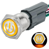 UL Listed 15Amp 16mm Latching Push Button Switch Yellow 12V-24V IP67-Waterproof 1NO SPST with LED Light 304-Stainless Steel On a