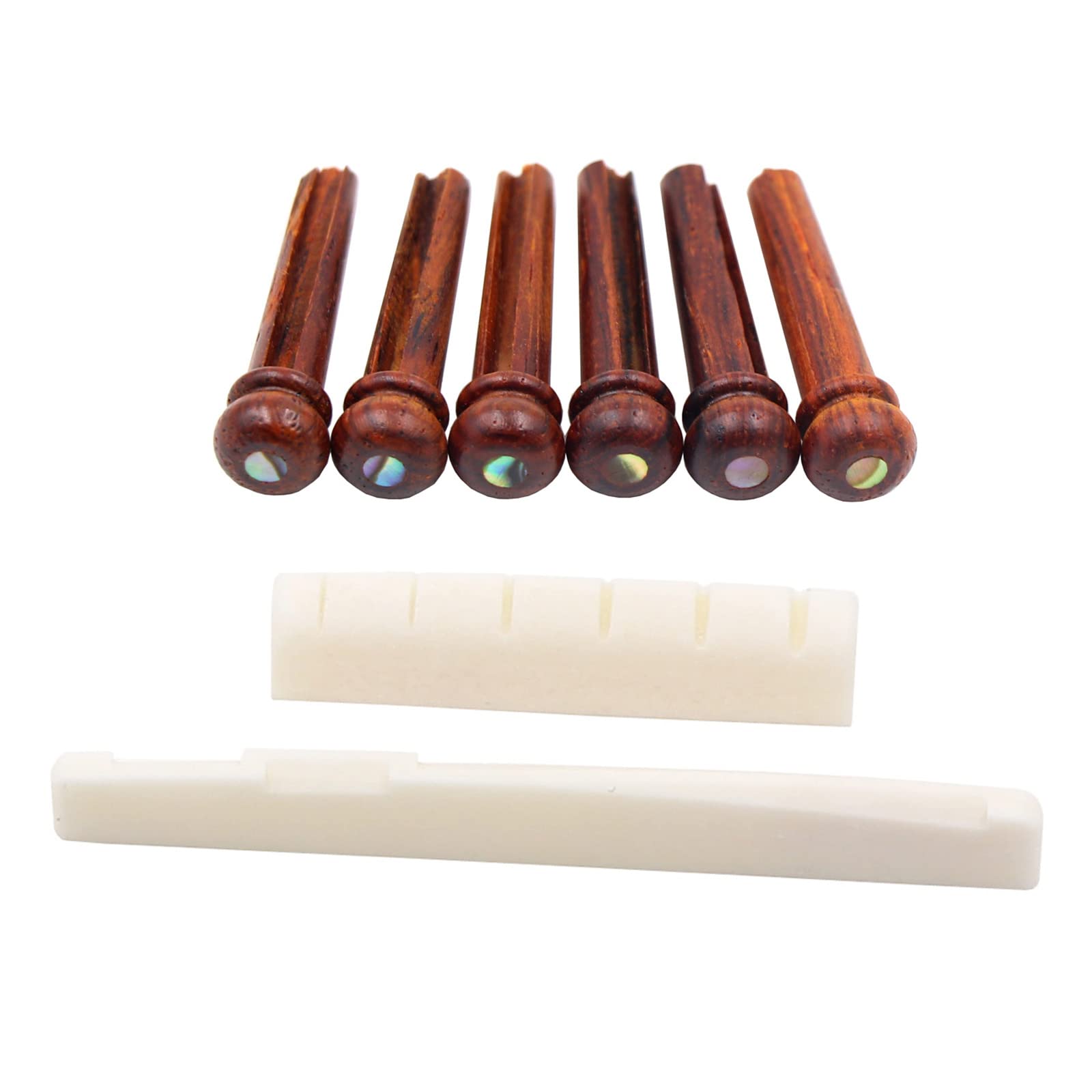 DISENS Cocobolo Wood Acoustic Guitar Bridge Pins with Abalone Dot and 6 String Acoustic Guitar Bone Bridge Saddle and Nut
