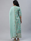 Gosriki Women'S Cotton Blend Floral Printed Straight Kurta With Palazzos & Dupatta (Panal-See Green_Xl-Gs_Green_X-Large),Green,,B0BPH19547