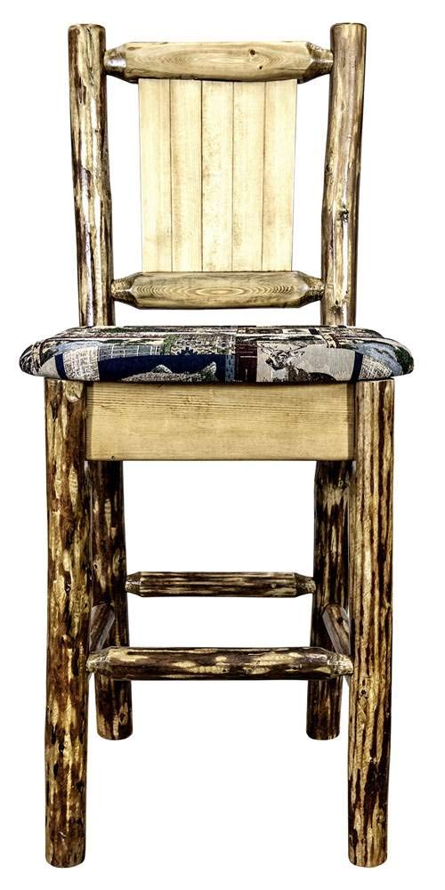 Montana Woodworks Glacier Country Collection Barstool With Upholstered Seat, Woodland Pattern, Laser Engraved Bear Design, Stain