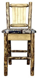 Montana Woodworks Glacier Country Collection Barstool With Upholstered Seat, Woodland Pattern, Laser Engraved Bear Design, Stain