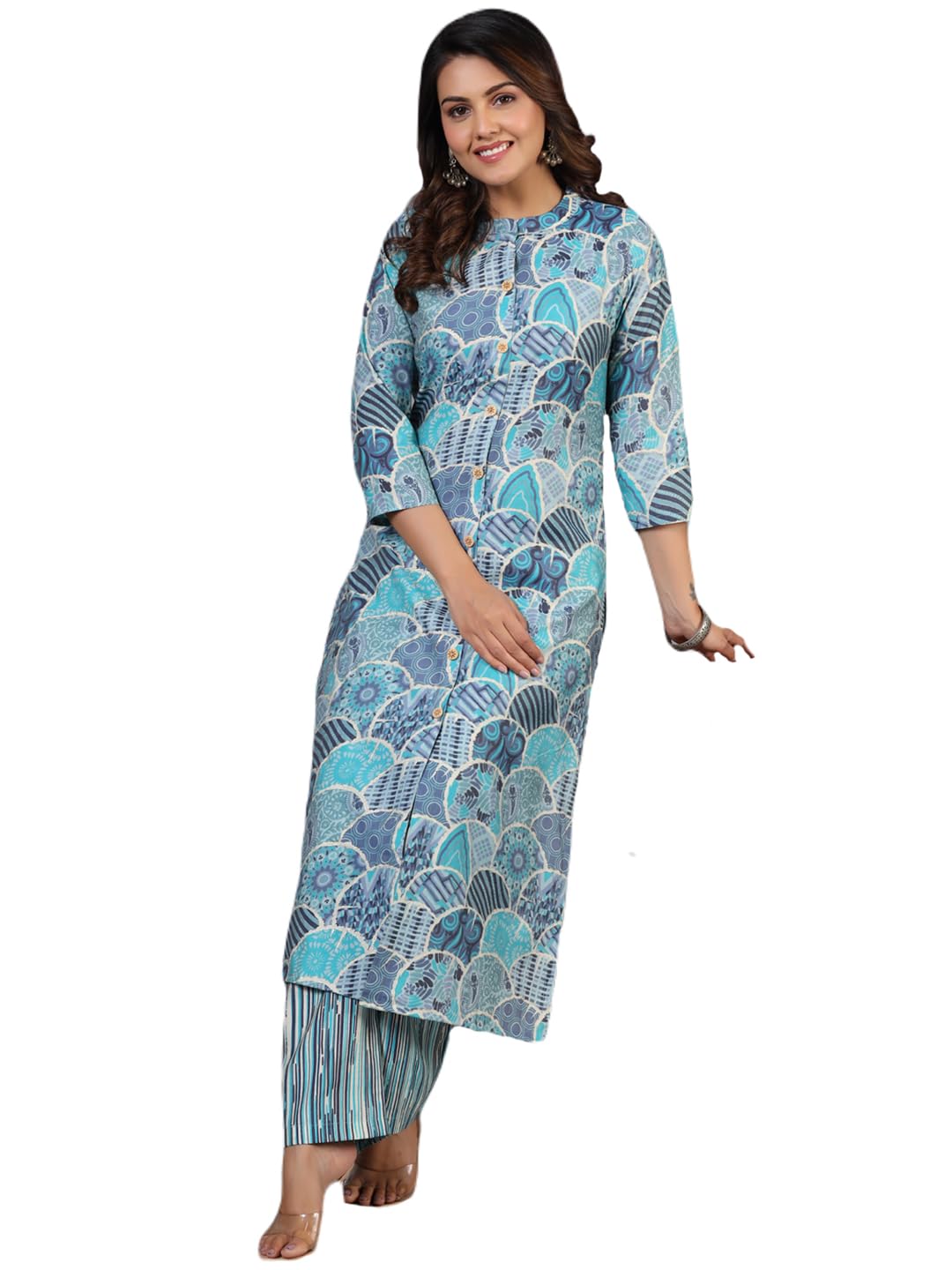 Anni Designer Women'S Rayon Blend Straight Printed Kurta With Pant (Later Blue_S_Blue_Small),Blue,S