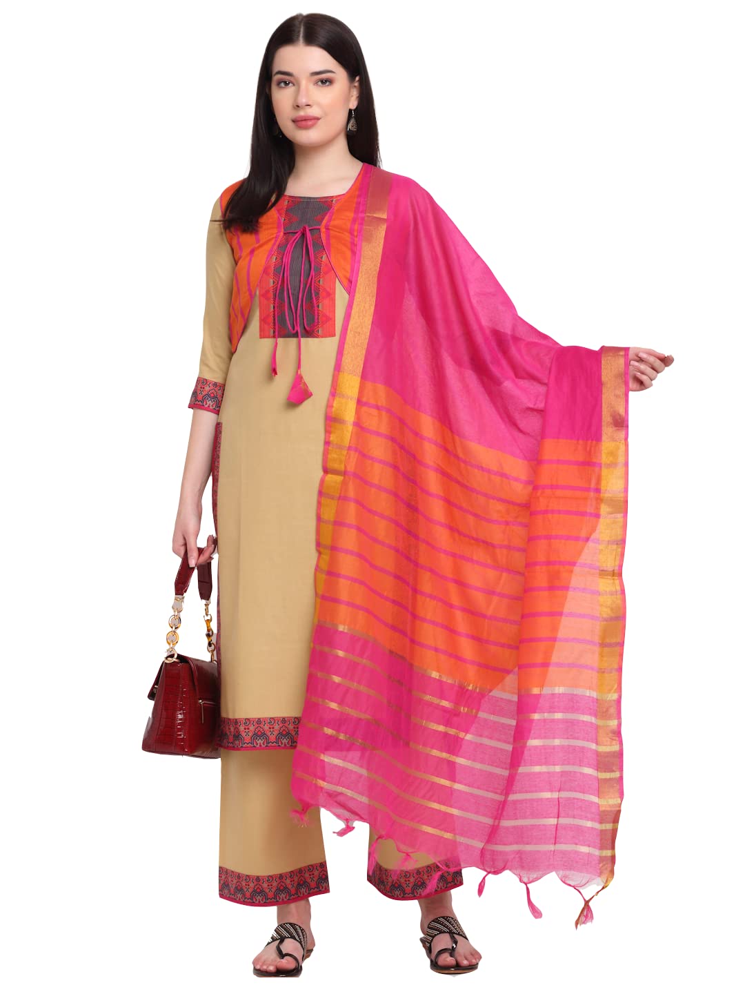 Anni Designer Women'S Cotton Straight Kurta With Palazzo & Dupatta (Kpzd-Cot-10013-Beige_M_Beige_Medium),Beige,M