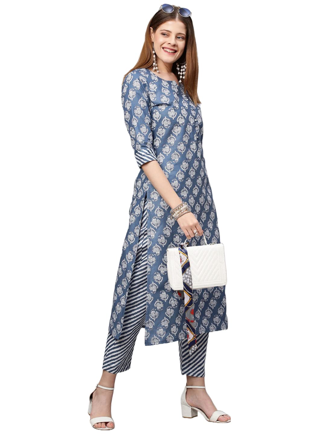 Gosriki Women'S Cotton Blend Printed Straight Kurta With Pant (Funnu Blue_M-Go_Blue_Medium),Blue,,B09X1TBWHL