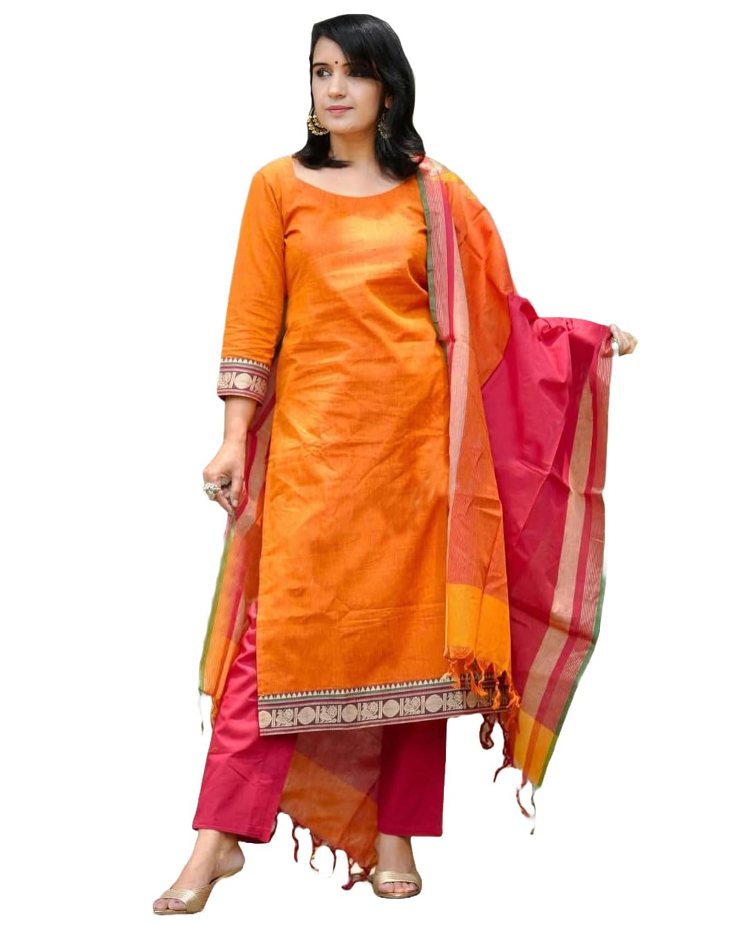 Anni Designer Women'S Rayon Viscose Solid Straight Kurta With Pant & Dupatta (Shamshera Orange_Xxl_Orange_Xx-Large),Orange,2XL