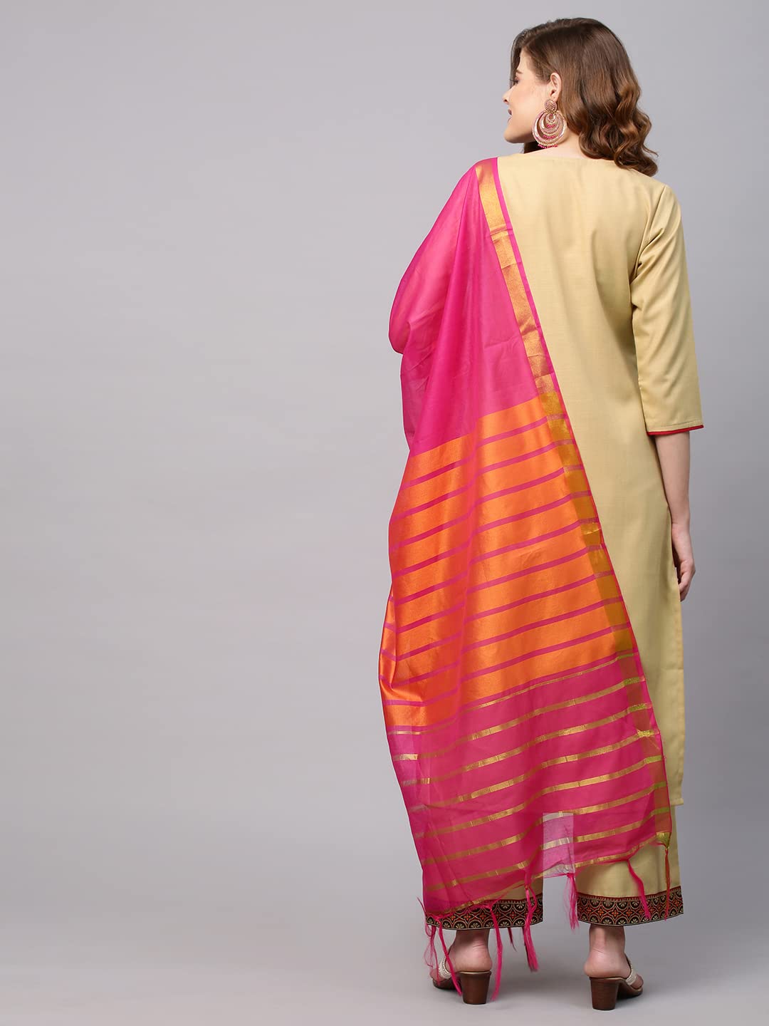 Anni Designer Women'S Cotton Blend Kurta With Palazzo & Dupatta (Zuri_Beige_L),Beige,L,Cotton Blend,Regular,Dupatta