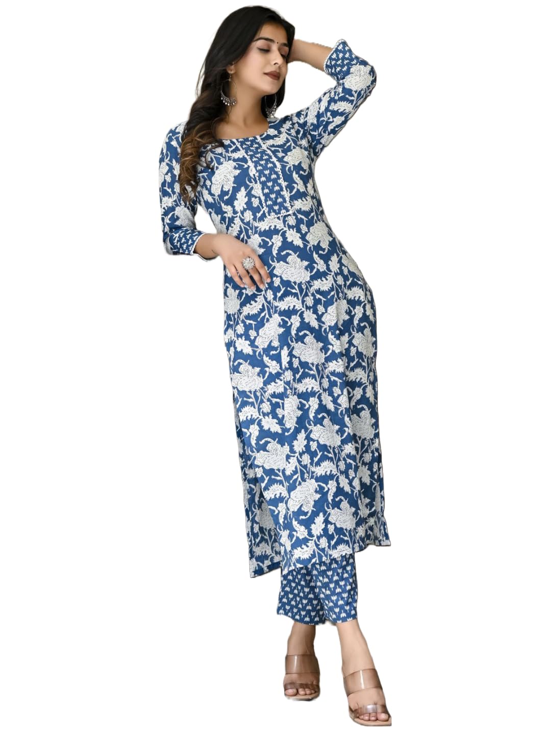 Anni Designer Women'S Cotton Blend Printed Straight Kurta With Pant (Pustak Blue-Ner_Xxl_Blue_Xx-Large),Blue,2XL