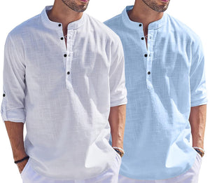 Bellstone Men'S Cotton Blend Solid Regular Fit Dress Shirt (Kurta1500_Combo_White & Sky_M