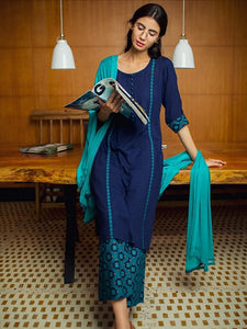 Gosriki Women'S Cotton Blend Printed Straight Kurta Palazzo & Dupatta (Homing Blue_New_S-Go_Blue_Small),Blue,,B0B4FWY8C4