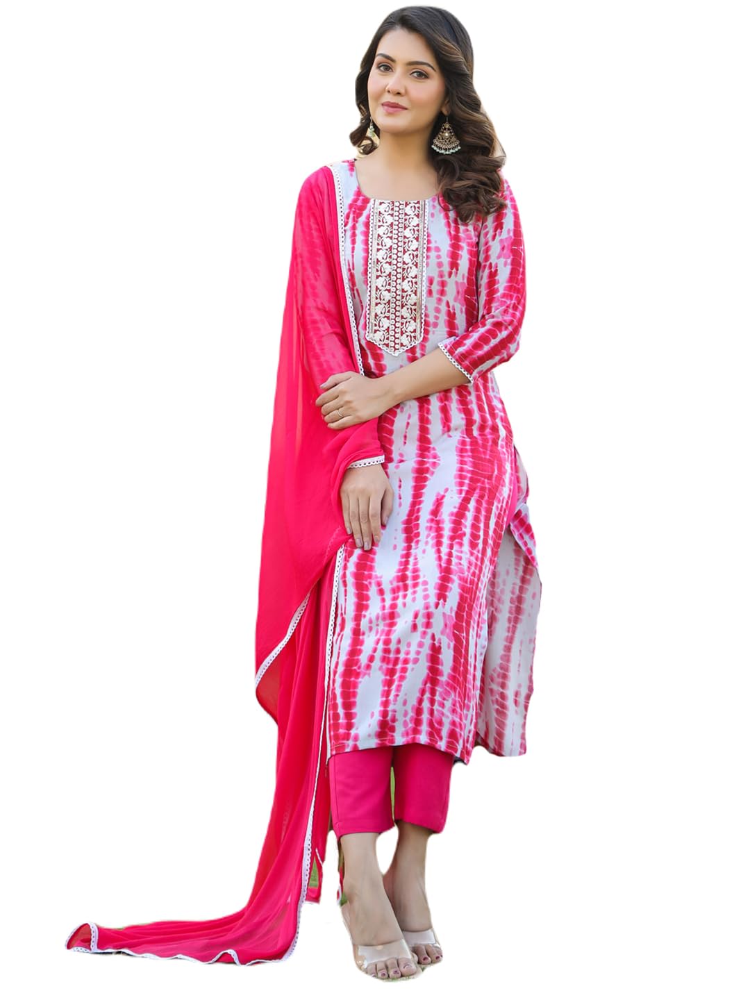 Anni Designer Women'S Rayon Blend Printed Straight Kurta With Pant & Dupatta (Kirkatu Pink_M_Pink_Medium),Pink,M,,,