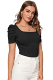 Wedani Women'S Casual Puff Sleeves Solid Top (Medium Black),Black,M,Polyester,Regular,