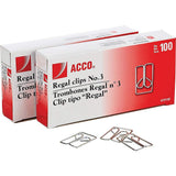 ACCO Brands Regal Clips/Owl Clips, Smooth Finish, #3 Size, 100/Box, 2Pack (200 Clips Total) (A7072152)