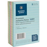 Business Source 16501 Adhesive Notes, Ruled, 4x6, 100 Sh/PD, 5/PK, Pastel AST