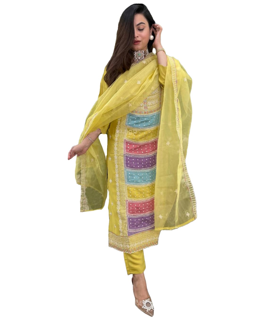 Anni Designer Women'S Rayon Viscose Straight Embroidered Kurta With Pant & Dupatta (Art Lemon-Vks01_S_Green_Small),Green,S,,,