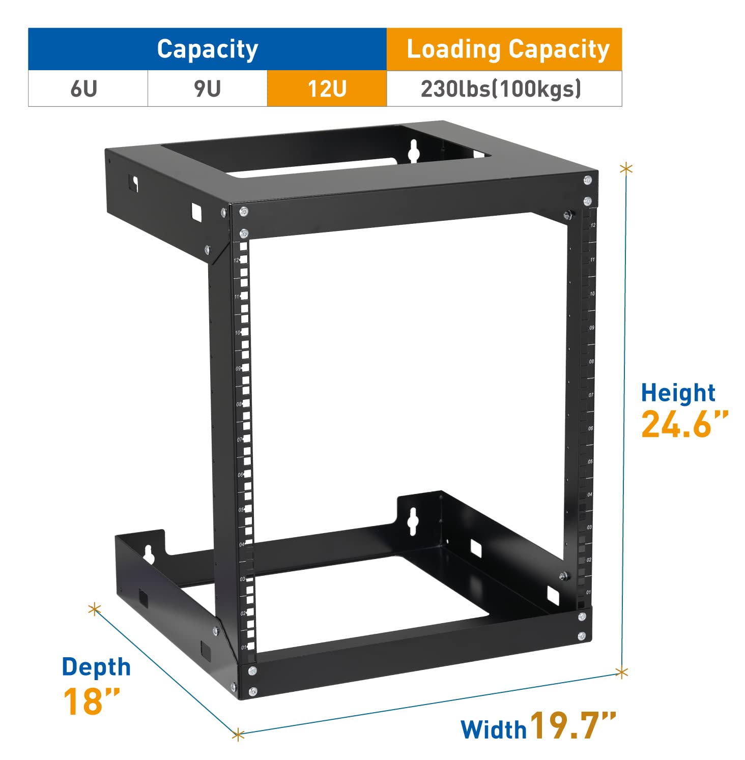 12U Wall Mount Rack Open Frame 19 Inch Server Equipment 2 Post Network Cabinet 18 inches Depth Black by Tedgetal