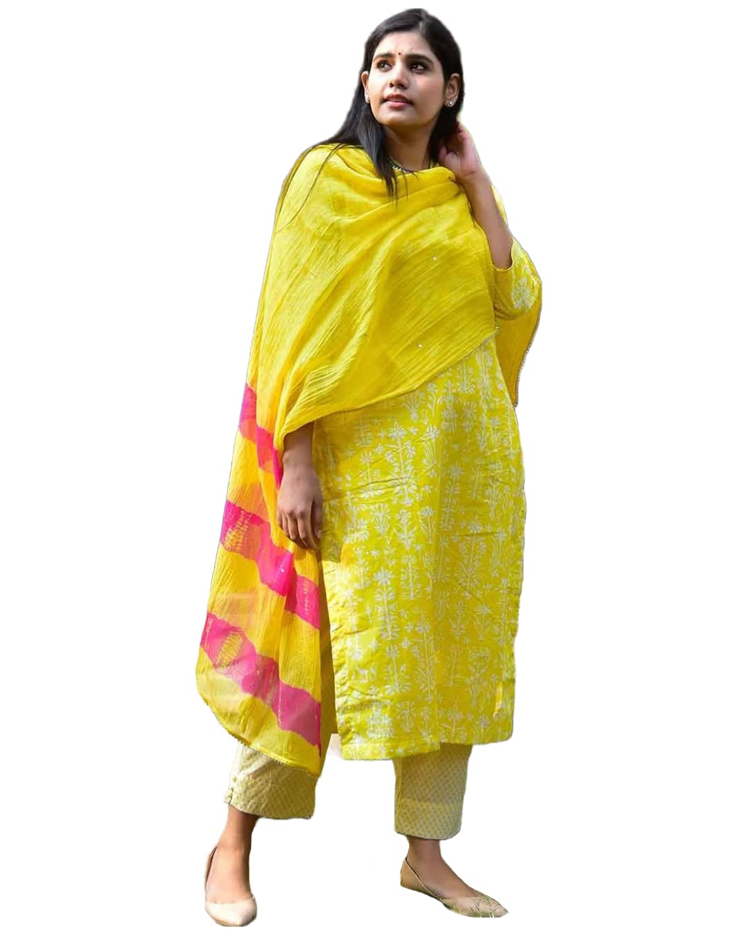 Anni Designer Women'S Cotton Blend Straight Printed Kurta With Pant & Dupatta (Bagru-Yellow_S_Yellow_Small),Yellow,S