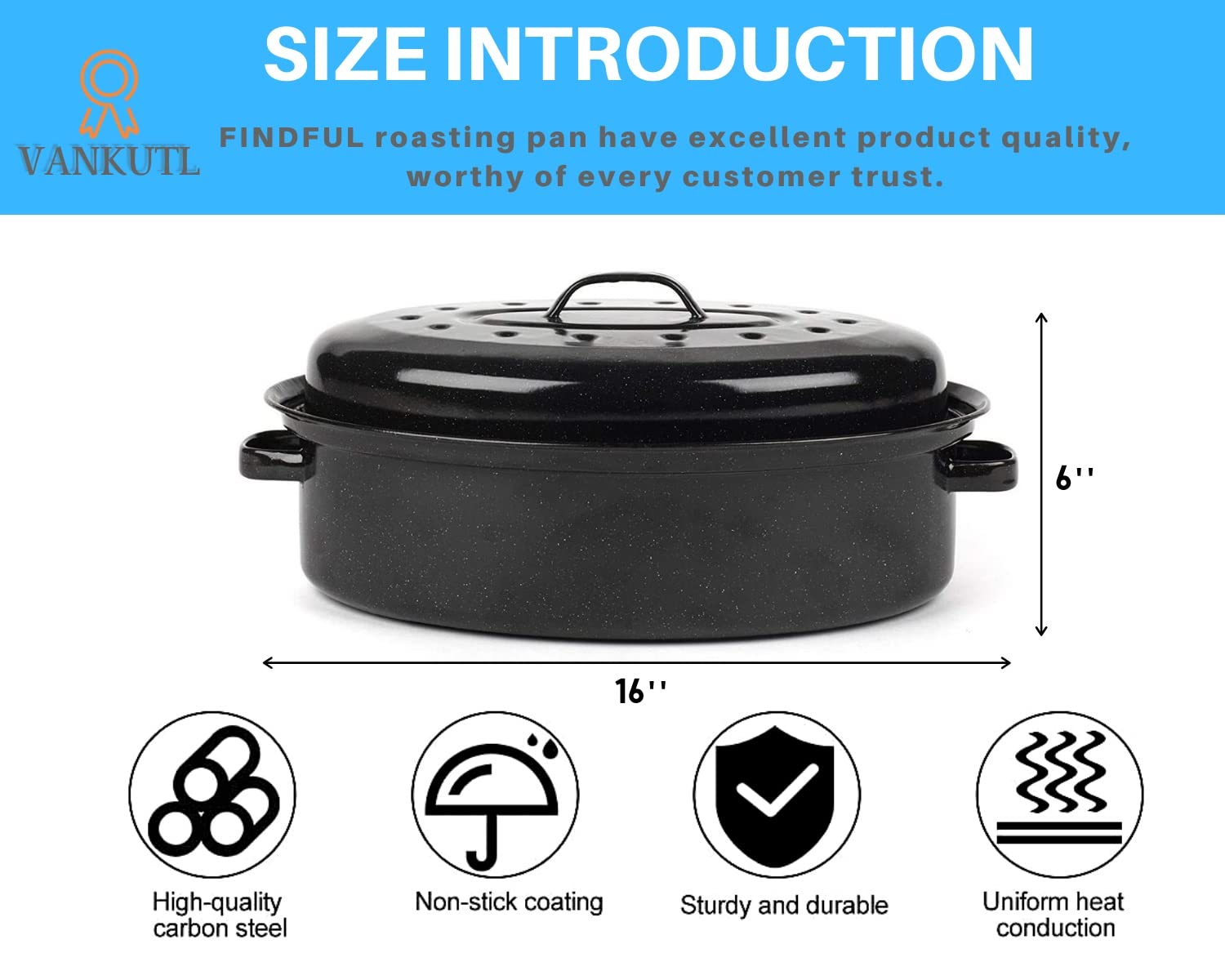 16 Inch Roasting Pan with Lid - Covered Oval Roaster - Enamel Carbon Steel Roaster Pot - Excellent Heat Distribution and Non-sti