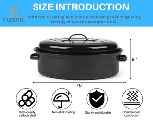 16 Inch Roasting Pan with Lid - Covered Oval Roaster - Enamel Carbon Steel Roaster Pot - Excellent Heat Distribution and Non-sti