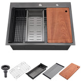 Luckyhorse 28 Black Drop in Kitchen Sink, 16 Gauge Gunmetal Black Stainless Steel 28x22 Inches Topmount Workstation Kitchen Sink