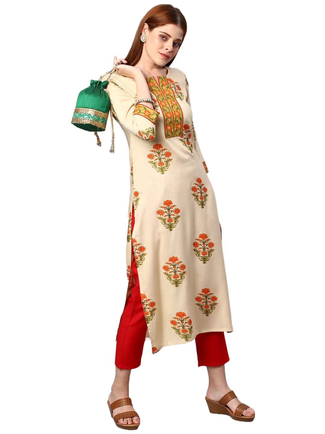 Anni Designer Women'S Cotton Blend Traditional Straight Printed Kurta And Pant Set (Amd 21-Cream_S_Cream_Small),Cream,S