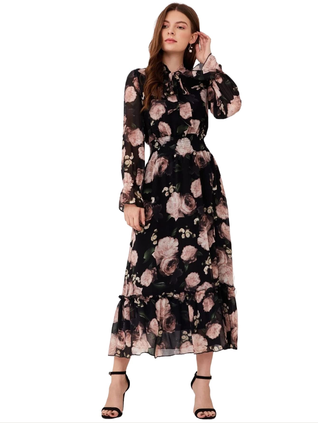 Gosriki Women'S Georgette Floral Print Tie Neck Shirred Waist Dress (Avpti-Black-Dress_Xl-Gs_Black_X-Large),Black,,B0BRV4VGG4