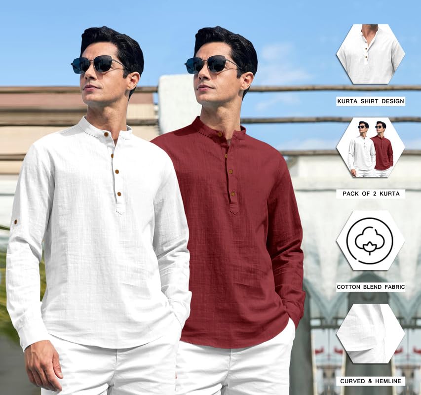 Royalscout Combo Of Men'S Solid Cotton Blend Full Sleeve Straight Kurta Shirt (Pack Of 2) White-Marron S