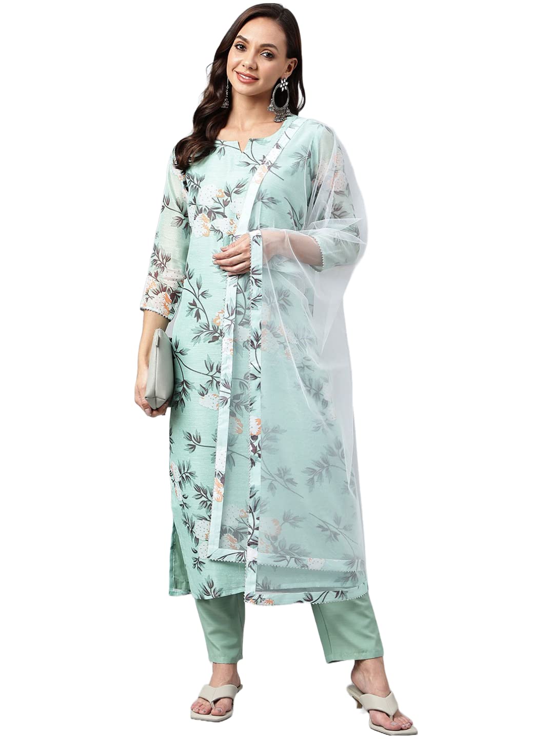 Gosriki Women'S Cotton Blend Printed Straight Kurta With Pant & Dupatta (Itta Sty-Pista Green_S-Go_Pista Green_Small),Pista Green,,B0BBRKVBCX