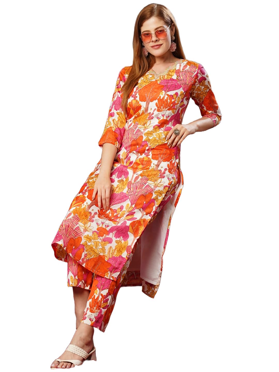 Anni Designer Women'S Cotton Blend Straight Printed Kurta With Pant (Samlok Pink_S_Pink_Small),Pink,S