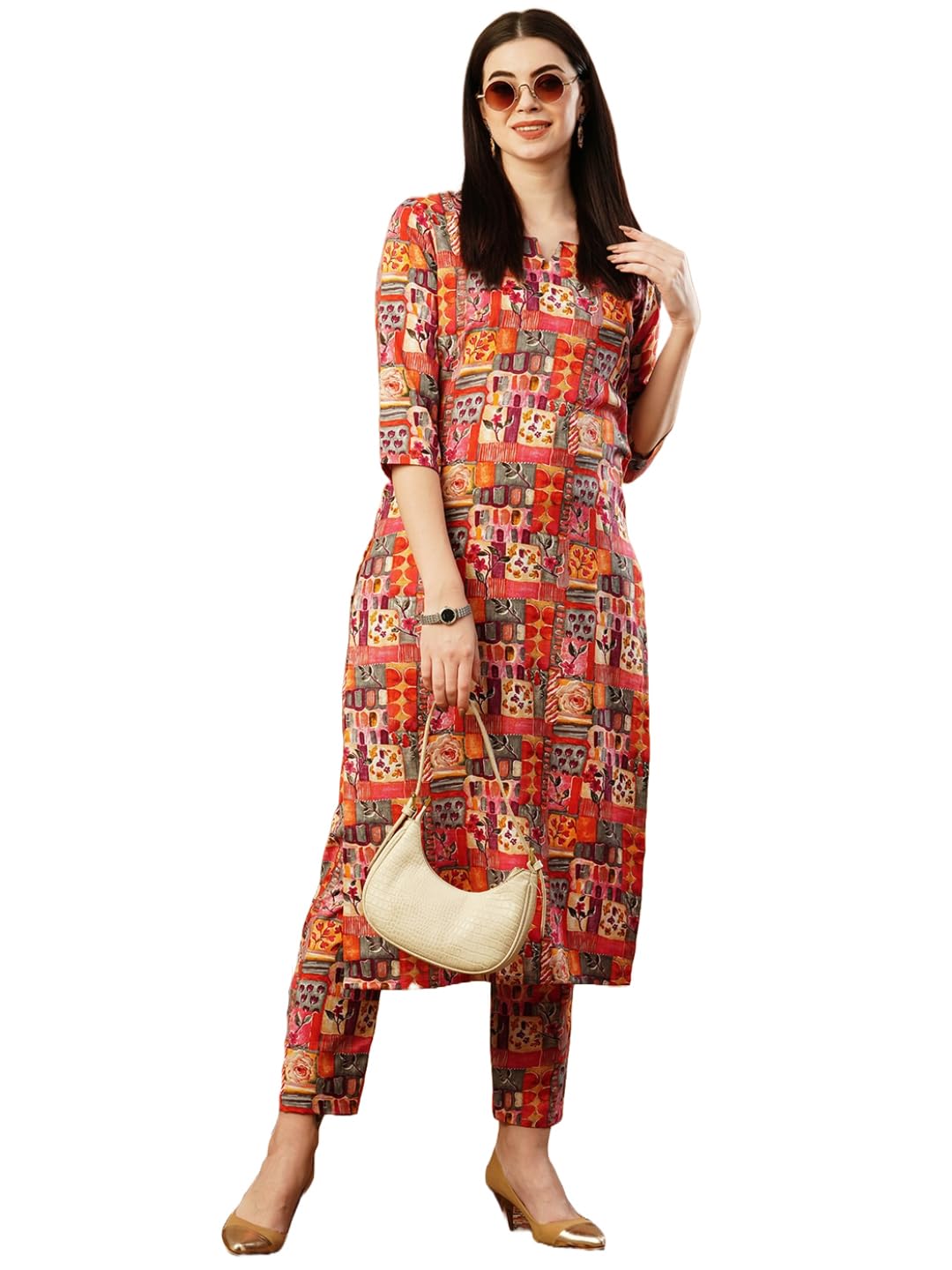 Gosriki Women'S Cotton Blend Straight Printed Kurta With Pant (Ing 10 Red-Gs_M_Red_Medium),Red,,B0CTCHXCHQ