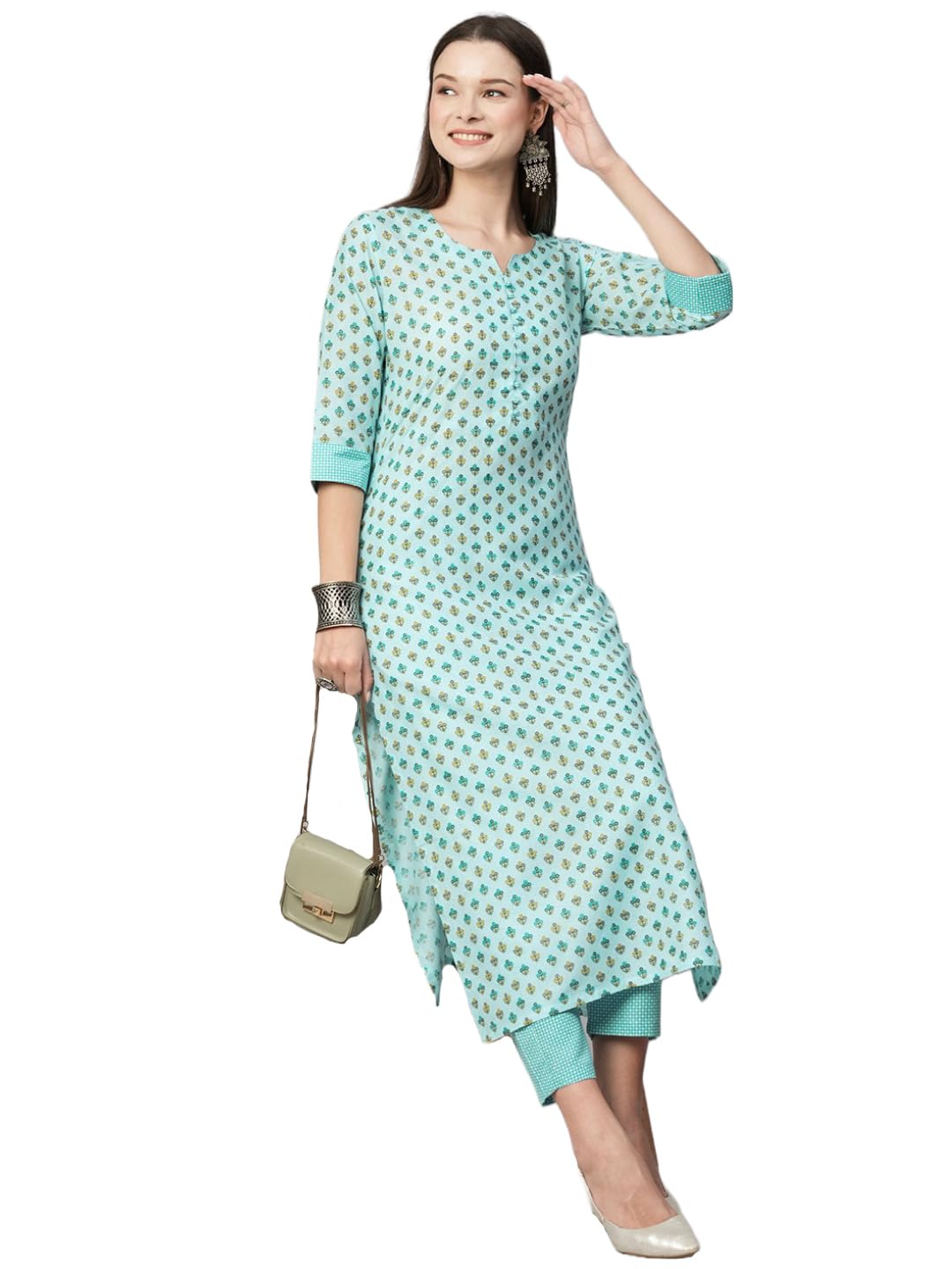 Anni Designer Women'S Cotton Blend Straight Printed Kurta With Pant (Otti Blue-N8W_Xl_Blue_X-Large),Blue,XL