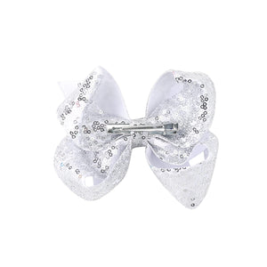 AMYDECOR 6 Inch Silver Sparkly Glitter Sequin Hair Bows for Girls Toddlers Kids Children Teenage (2PCS)