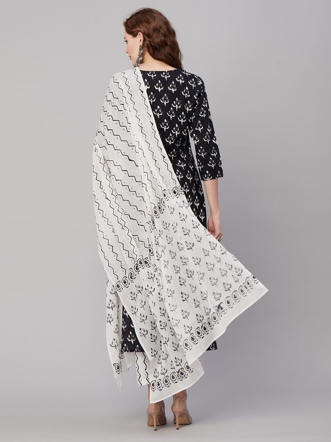 Anni Designer Women'S Cotton Blend Printed Straight Kurta With Pant & Dupatta (Umangi-Black_L_Black_Large),Black,L,Cotton Blend,Regular,Kurta, Scarf