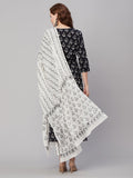 Anni Designer Women'S Cotton Blend Printed Straight Kurta With Pant & Dupatta (Umangi-Black_L_Black_Large),Black,L,Cotton Blend,Regular,Kurta, Scarf