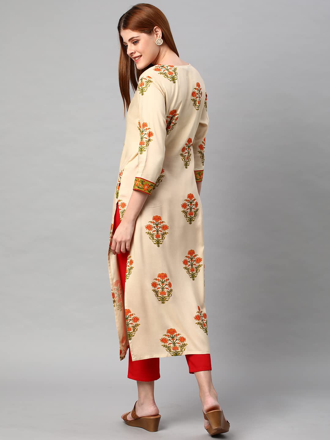 Anni Designer Women'S Cotton Blend Traditional Straight Printed Kurta And Pant Set (Amd 21-Cream_S_Cream_Small),Cream,S,Cotton Blend,Regular,Pants, Kurta