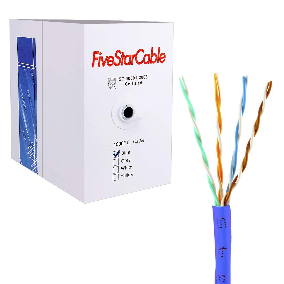 FiveStarCable Cat5e 1000 Ft. Cable 24AWG 4 Twisted Pair UTP Unshielded Network Ethernet Router LAN Bulk Cable Pull Box - Blue Co