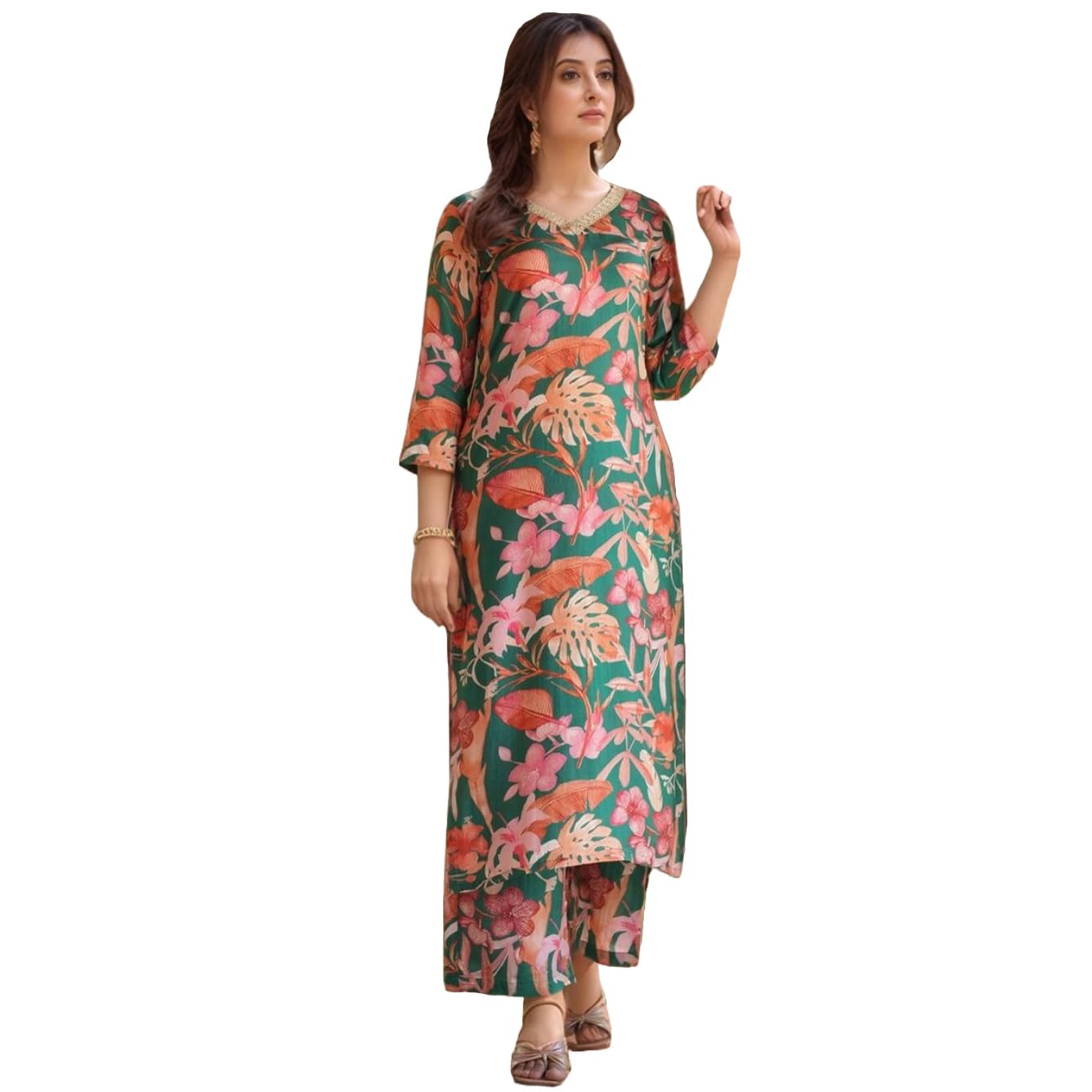 Anni Designer Women'S Rayon Viscose Straight Printed Kurta With Palazzo (Chinki Green-Vks03_Xl_Green_X-Large),Green,XL,,,
