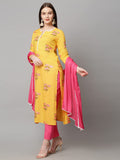 Anni Designer Women'S Cotton Blend Floral Printed Straight Kurta With Pant & With Dupatta (Amd 29-Yellow_S_Yellow_Small),Yellow,S,Cotton Blend,Regular,Dupatta