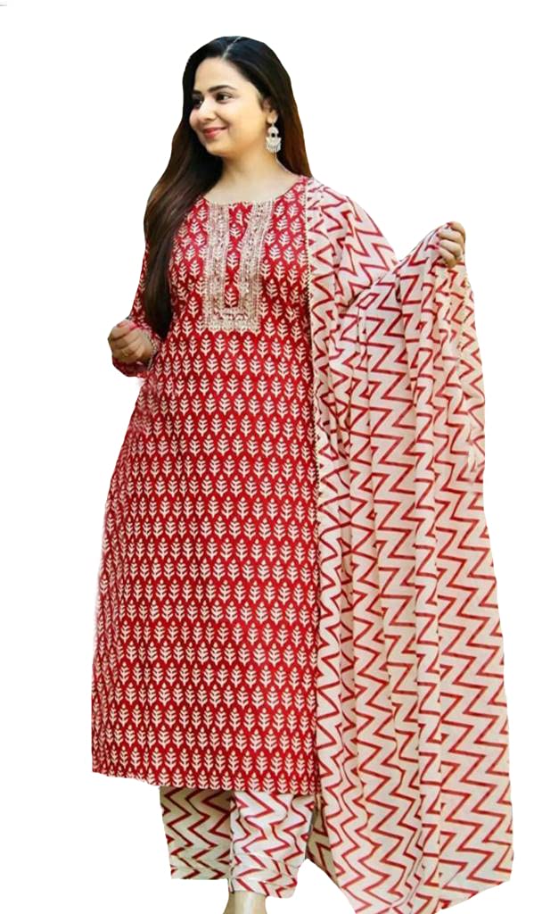 Anni Designer Women'S Cotton Straight Kurta With Palazzo & Dupatta (Sewali Red_Xxl_Red_Xx-Large),Red,2XL
