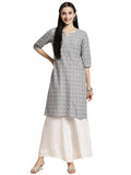rangita Light Grey Cotton Knee Length Printed Straight Kurti for Women | Kurta for Women_M