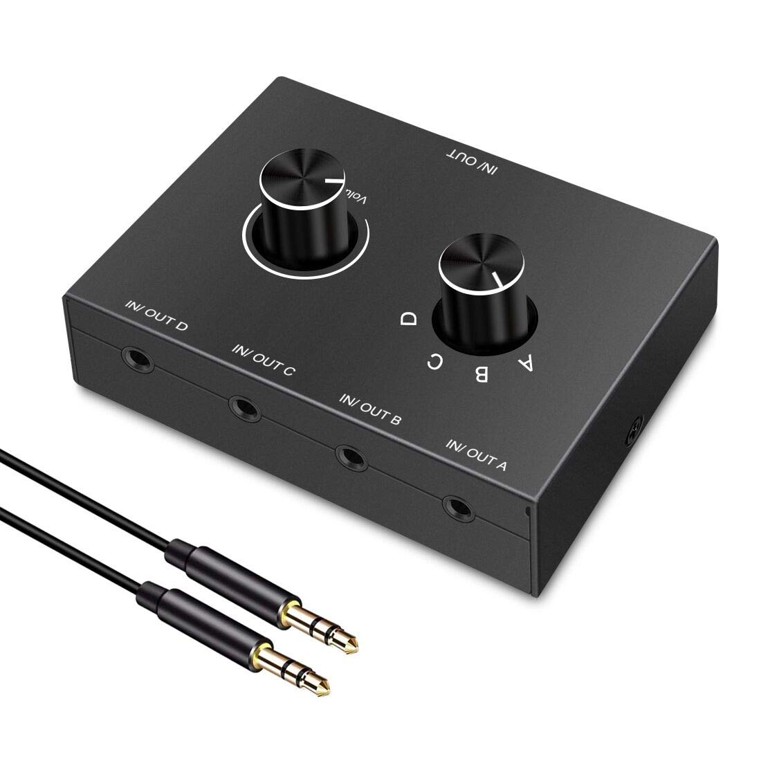 4 Way 3.5mm Stereo Audio Switch, AUX 3.5mm Audio Switch Audio Switcher Passive Speaker Headphone Manual Selector Splitter Box Au