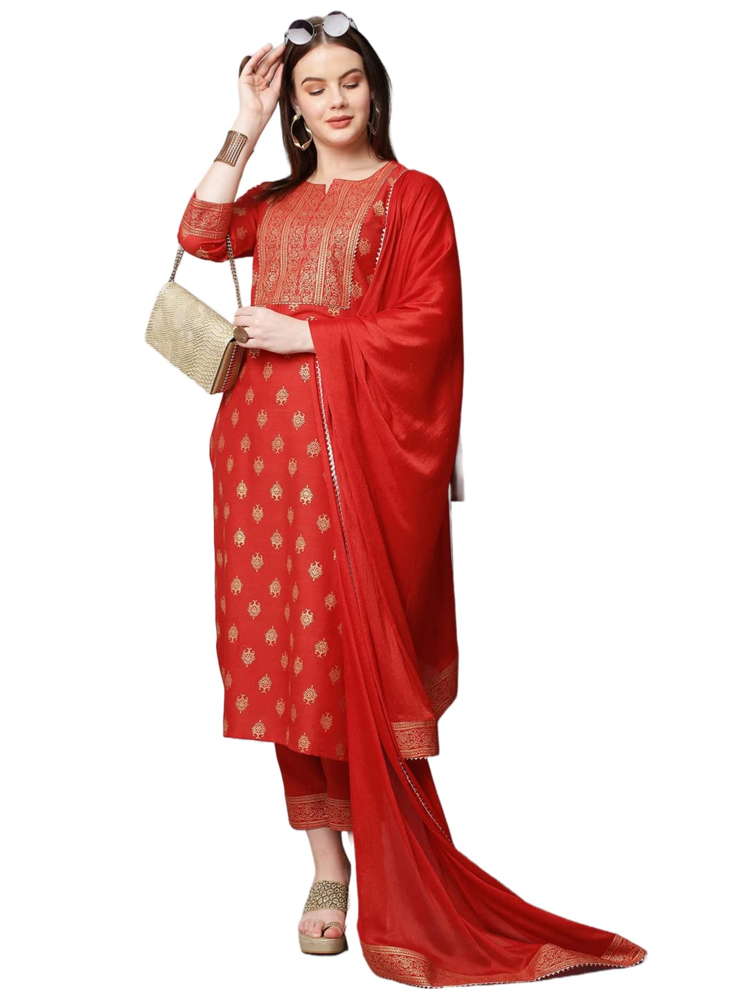 Anni Designer Women'S Cotton Straight Kurta With Pant & Dupatta (Kptd-Cot-10132-Red_L_Red_Large),Red,L